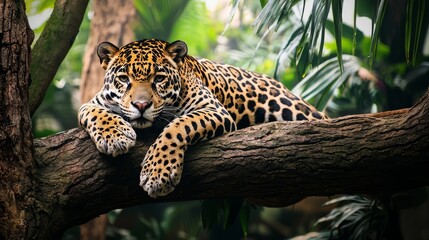 jaguar resting on a tree branch