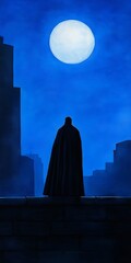 Silhouette of a caped figure standing on a rooftop under a full moon, set against a deep blue night sky in a cityscape.