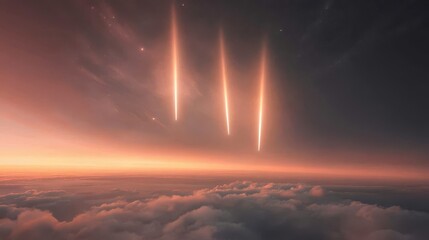 Wall Mural - Three shooting stars are streaking across the sky. The sky is filled with clouds and the stars are bright