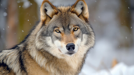 Wall Mural - The gray wolf (Canis lupus) is a powerful and potentially dangerous animal known for its strength and fierce demeanor. --ar 16:9 --v 6.1 Job ID: 58a3f8c2-b5fc-407b-b816-aac88636b1be