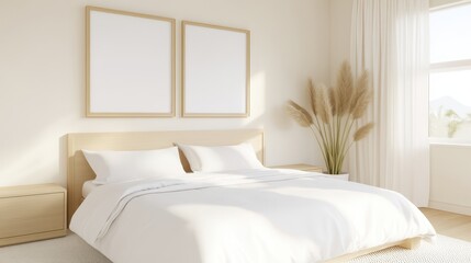 A bedroom with a white bed and two white picture frames on the wall. The room is bright and airy, with a window letting in natural light. A potted plant sits on a table near the window