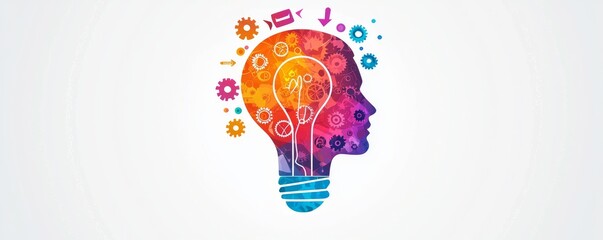 Poster - creative human mind concept with light bulb and gears inside a colorful head illustration