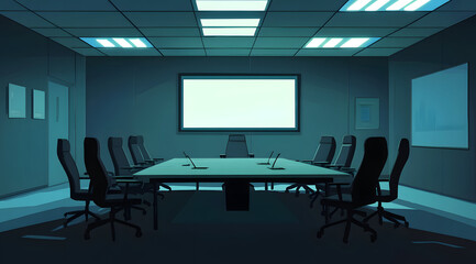 The Background of a Conference Room Featuring a White Screen, Minimalist and Professional Setting for Business Presentations or Meetings, Highlighting a Clean, Organized Environment with Ample Space f