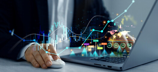 Leinwandbilder - Financial report and 
business planning strategy.Growth graph and investment analysis. Financial marketing graph and profit stock market chart.Business increase, profit,development and success.