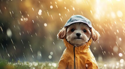 Wall Mural - Charming Dog in Rain Costume, Enjoying the Rain