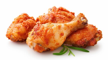 A plate of fried chicken with a green leaf on top. The chicken is golden brown and crispy, and the leaf adds a touch of freshness to the dish