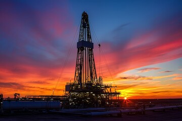 A drilling rig at night, illuminated by floodlights as workers continue operations. The rig is the focal point in the middle of the dark oil field