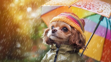 Wall Mural - Cute Dog in a Raincoat Under Umbrella