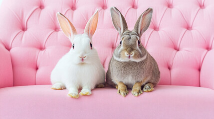 Two rabbits lounging on a pink sofa. --ar 16:9 --v 6.1 Job ID: cab0ffef-767c-41e3-9691-859249e209de