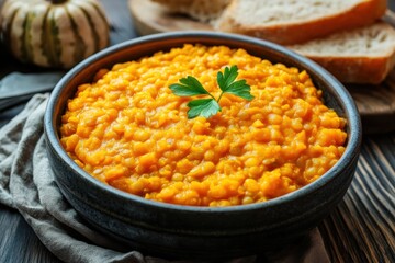 Canvas Print - Hearty pumpkin risotto in ceramic bowl with parsley