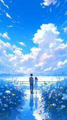 Whimsical Summer Sky: Cartoon-Style Clouds and Vibrant Blue Background for Creative Marketing. AI-Generated Artistic Nature Illustration with Copy Space. Minimalist Composition for Elegant Graphic Des