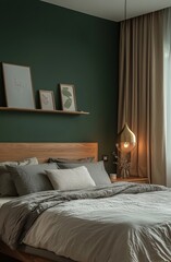 Wall Mural - Minimalist bedroom with dark green accent wall, wooden bed frame, and cozy decor