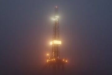 A drilling rig in the early morning fog, partially obscured by the mist that hangs over the oil field. The rig’s lights pierce through the fog