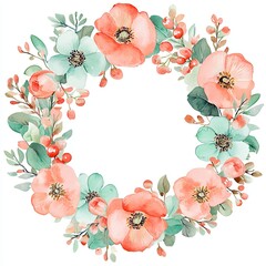 Wall Mural - Watercolor Floral Wreath with Mint and Coral Blooms