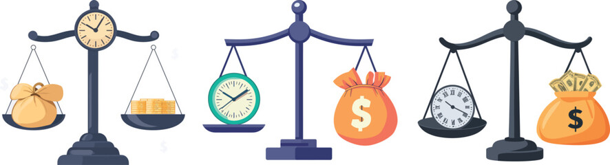 Scales, clock, and money bag show that time and money are intertwined. Business concept..