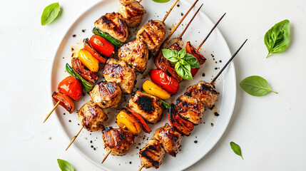  Arrange the chicken breast fillet skewers neatly on the plate. The skewers should be golden-brown with visible grill marks, 