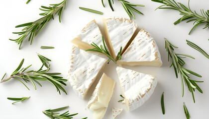 Poster - Pieces of tasty camembert cheese and rosemary isolated on white, top view