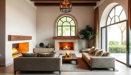 Wall Mural - Sofa against fireplace in room with arch window and ceiling. Mediterranean interior design of modern living room.