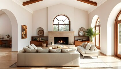 Sticker - Sofa against fireplace in room with arch window and ceiling. Mediterranean interior design of modern living room.