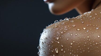 Woman, shoulder and shower with water for hygiene, droplets or wash on a pink studio background. Close up of female person or young model with natural liquid in skincare, hydration or cleanliness