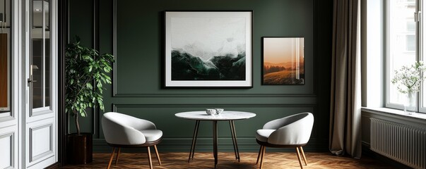 Wall Mural - Minimalist modern interior design with dark green walls and stylish furniture