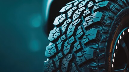 Close-up of rugged vehicle tire texture blue background