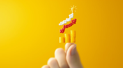 Poster - A hand holds colorful beads arranged to depict rising financial bars and a sun symbol against a vibrant yellow backdrop, symbolizing growth and prosperity