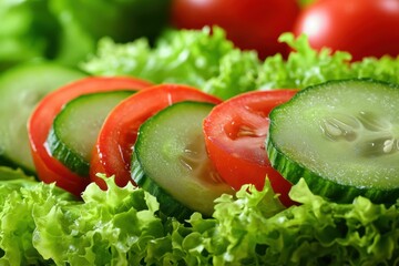 Wall Mural - Fresh vegetable salad with tomato, cucumber, lettuce close-up