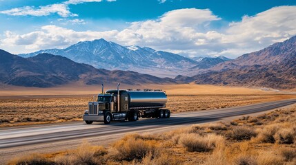 Tanker truck is driving on a desert highway towards a mountain range