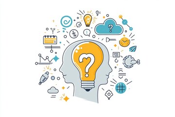 Poster - minimalist illustration of a glowing light bulb with question mark, surrounded by ideas and concepts
