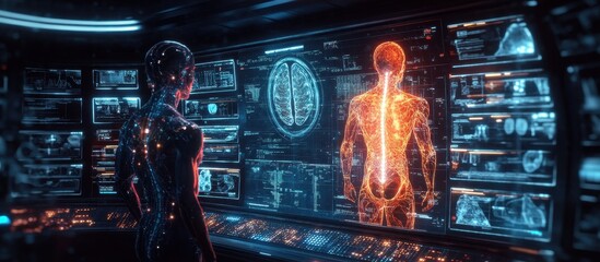 Wall Mural - Futuristic AI Robot Analyzing Human Anatomy on High-Tech Digital Interface in Advanced Laboratory