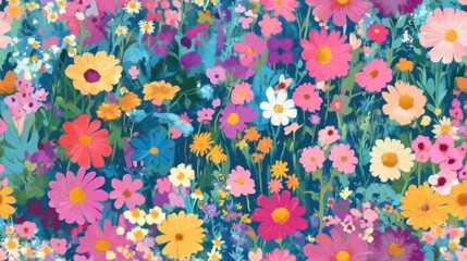 seamless pattern, A vibrant floral pattern featuring a variety of colorful flowers on a rich blue background, perfect for spring and summer decor.