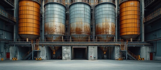 Wall Mural - Industrial Factory Interior with Large Rusty Silos and Concrete Floor in a Modern Manufacturing Facility