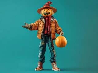 Wall Mural - Fresh Halloween scarecrow image with stylish wear and pumpkin, set against teal.