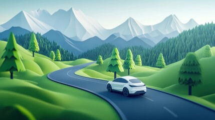 3D cartoon illustration of a car driving on a green mountain road