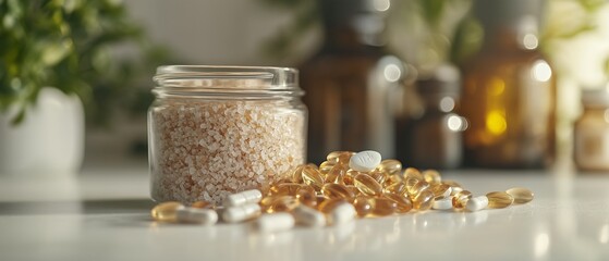 Vitamins and Supplements on White Table with Glass Jar of Salt