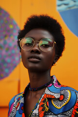 Wall Mural - A woman with a short afro and glasses is wearing a colorful shirt