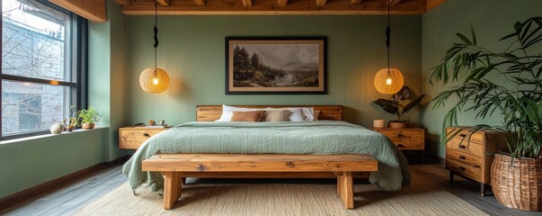 Wall Mural - Modern bedroom with sage green wall, wooden bed, and cozy lighting