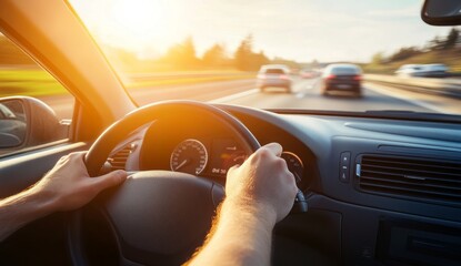 close up of hands on the steering wheel driving down highway, sun shining through window