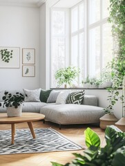 Minimalist Scandinavian interior design. Bright living room with wood floors and potted plants. Bright apartment in Scandinavian style - interior idea