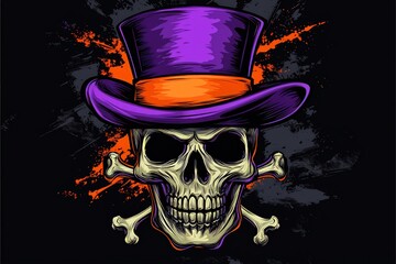 Eye-catching skull and bones T-shirt artwork in purple and orange, top hat themed.