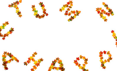 Wall Mural - autumn lettering text from of colorful autumnal maple leaves on white background with space for text