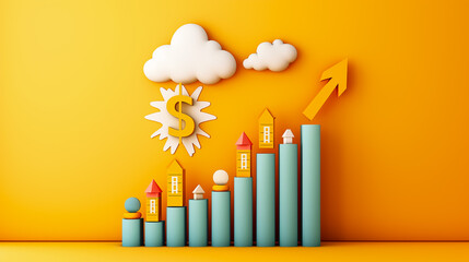 Poster - A vibrant 3D bar graph displays rising financial trends featuring clouds and a dollar symbol. The bright orange background enhances the emphasis on growth and investment