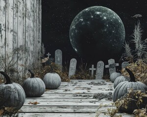 Wall Mural - A chilling display of grey pumpkins under a black moon in a spooky graveyard.