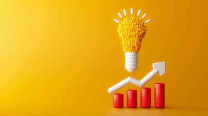 Poster - A bright yellow background sets the stage for a light bulb, crafted from yellow dots, hovering above a red bar graph. This visual represents innovative ideas driving business growth