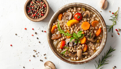 Poster - Delicious buckwheat porridge with vegetables and mushrooms on white background, top view