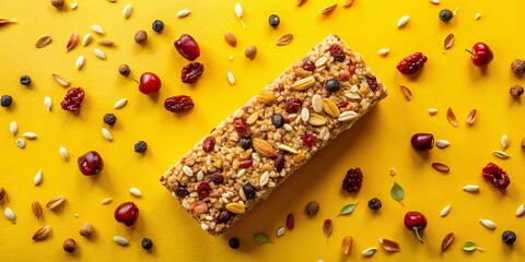 Granola bar with nuts, dried cherries, and cranberries on yellow background with scattered confetti leaves