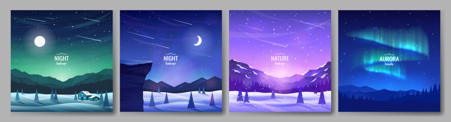 Wall Mural - winter mountain posters. a country house in a valley, the moon over the mountains, snowdrifts, night