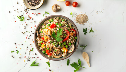 Canvas Print - Delicious buckwheat porridge with vegetables and mushrooms on white background, top view