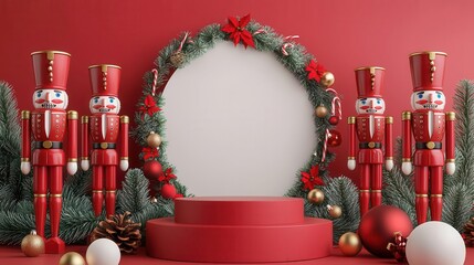 Podium encircled by nutcracker soldiers, Christmas spirit, 3D illustration v2